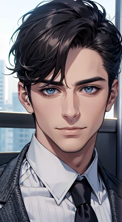 (best quality,4k,8k,highres,masterpiece:1.2),ultra-detailed,(realistic,photorealistic,photo-realistic:1.37),1 man,31 years old,mature man,very handsome,without expression,smile,short grey black hair,blue eyes,penetrating gaze,perfect face without errors,imposing posture,businessman,office background,cinematic lighting,hdr image