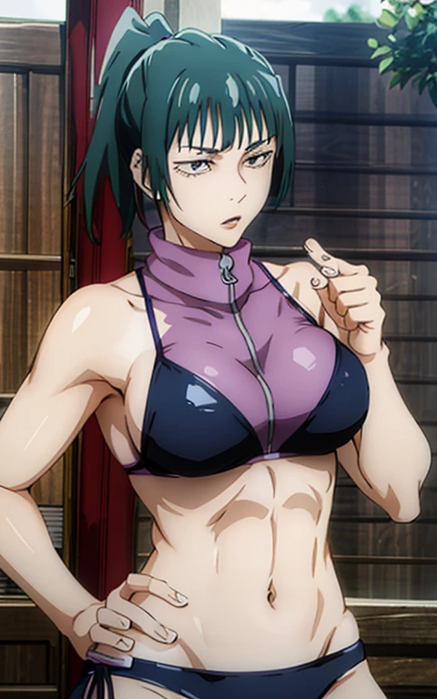 Zenin Maki, sexy bikini, to be, curved, dark green hair, well proportioned,muscular,big thighs,medium chest.