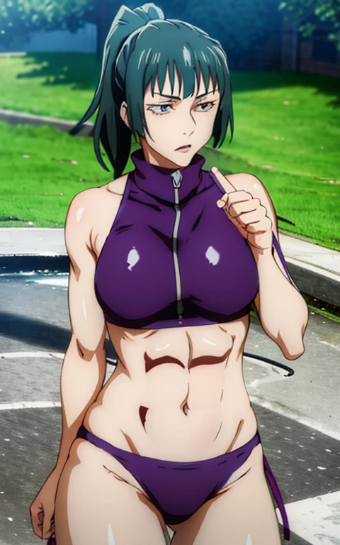 1girl, beautiful muscular female ,zenin_maki,ponytail,glasses,bangs,green hair,brown eyes,bright color CK sports bra,outdoors, belt, choker,ultra miniskirt, black_belt, black_choker, earrings, sharp focus, absurdres, realistic proportions, good anatomy, masterpiece, best quality,realistic, hyperrealistic, 16k,medium breasts,cleavage,erected nipples,navel,smile,(sexy pose:1.2),spread legs,from below,micro panties,cameltoe,sitting