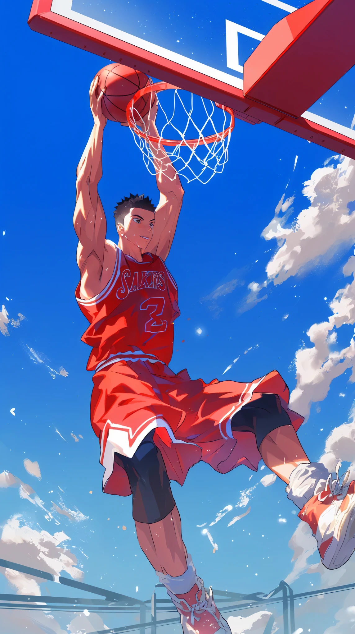Cartoon basketball player holding ball in mid-air, Slam Dunk, scence of Slam Dunk, Dunk, High-quality fanart, Kentaro Miura Art style, Kentaro Miura manga art style, Kentaro Miura Art, High-quality anime art style, Miura Kentaro&#39;s style, Official Fanart, Rob Rey and Kentaro Miura style, Official Art