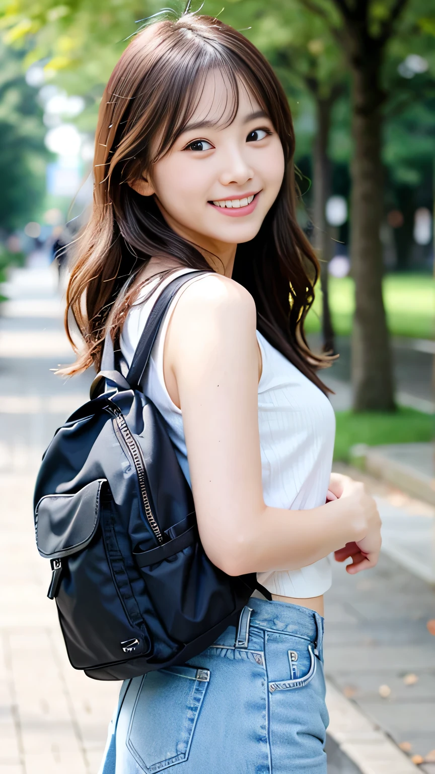 8K、Best image quality、smile、masterpiece、spring、Short strokes、Small breasts、A refreshing smile、Female college student、Dimples、New dresses for spring、Clear system、 to university、backsack