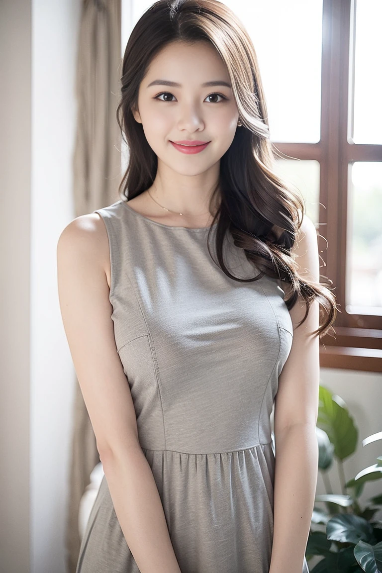 Highest quality, 1 beautiful woman, 28 years old, Oval face,Phoenix Eyes，Eyebrow， Double eyelids, Long eyelashes, A faint smile, ，s, 35mm lens, F/1, Cowboy shot, Specific Background、Tiled background、Perm、sweat　 ((Light grey straight dress:1.1)), (a charming smile:1.2), Perfect proportion，Sexy pose,look、stare、Houseplant、verdant、look到whole body、window,RHA30