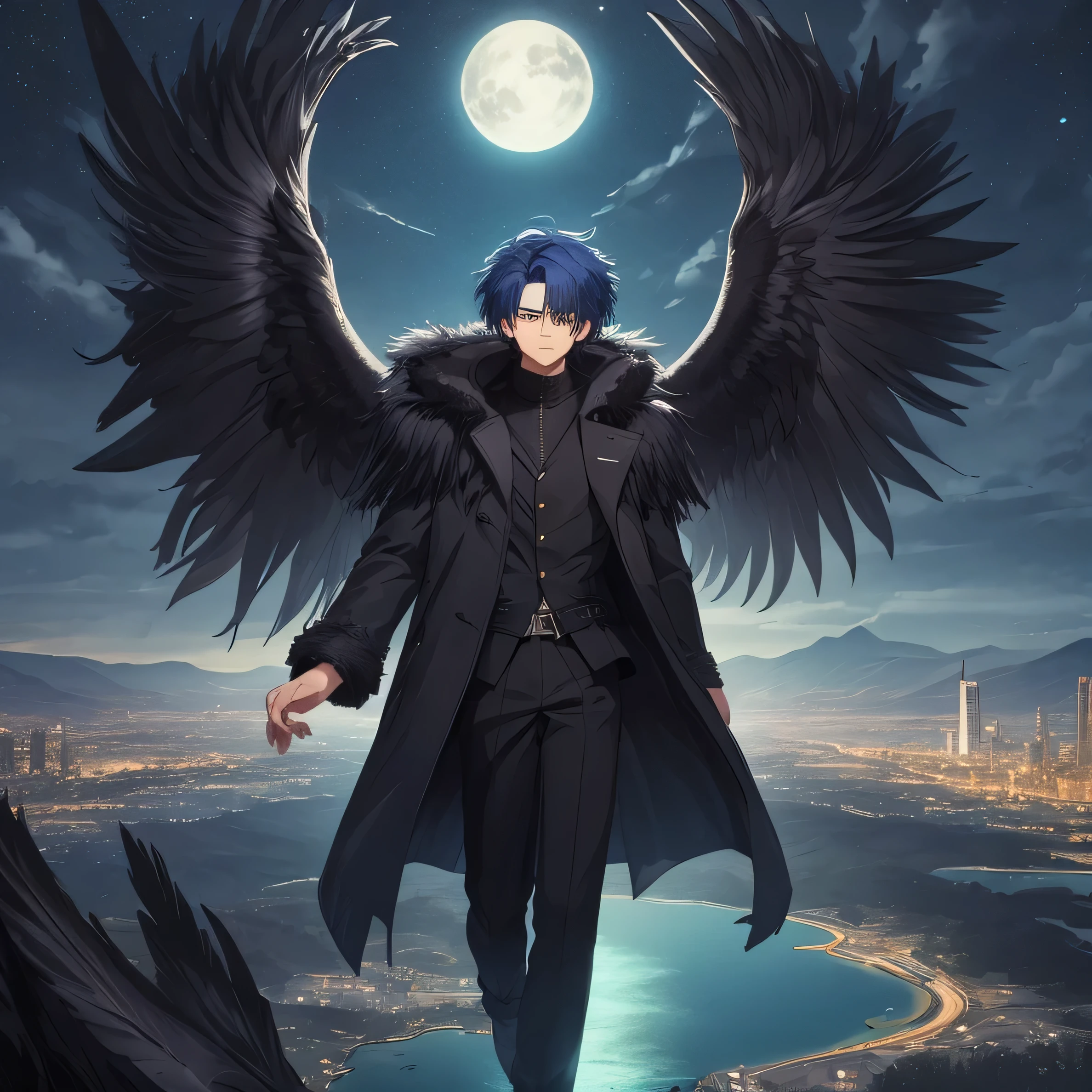 1boy,angel,angel wings,bird wings,black feathers,black wings,blue hair,black wings,cloudy sky,coat,crow,feathered wings,feathers,fur,fur-trimmed coat,fur-trimmed jacket,fur cape,fur coat,fur collar,fur trim,green eyes,jacket,large wings,male focus,short hair,wings,solo,spread wings,full body,wings, lake, cityscape, night, night sky, colorfull city, lean on the tree, both arm to the chest, staring at the city