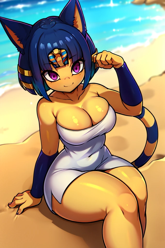 absurdres, highres, ultra detailed, ankha, solo, catgirl, big breasts, blue hair, hair ornament, yellow skin, purple eyes, white dress, sitting, looking at viewer, outdoors, sand, egyptian, smiling