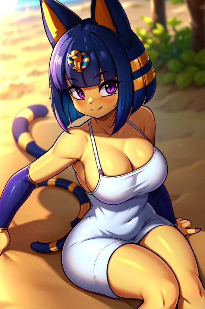 absurdres, highres, ultra detailed, ankha, solo, catgirl, big breasts, blue hair, hair ornament, yellow skin, purple eyes, white dress, sitting, looking at viewer, outdoors, sand, egyptian, smiling