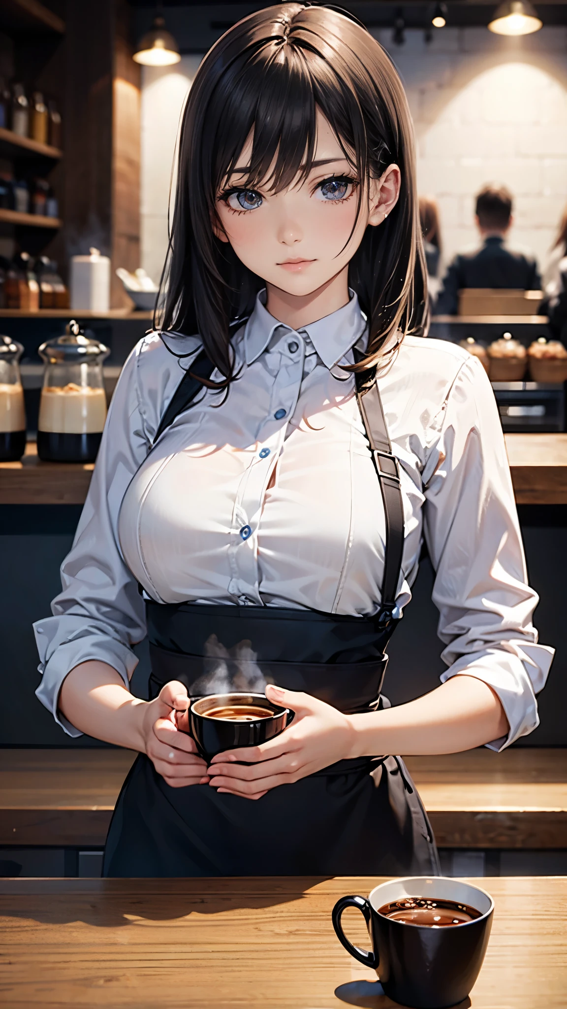 (masterpiece:1.2),(Highest quality),(Very detailed),(High resolution),(Photorealistic Stick),(RAW Photos),8K,Cinema Lighting,(Written boundary depth),(Sophisticated lighting:1.2),A barista woman working at a cafe,The background is a stylish cafe,(Hand,detailed,perfect,perfection,hands)