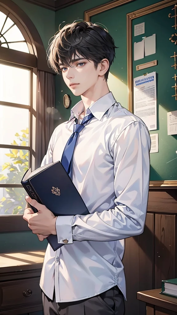 (tmasterpiece,high resolution,ultra - detailed:1.0),1 boy,Perfect male body,Look at the camera,Delicate eyes and delicate face,Extremely detailed CG,Unity 8k wallpaper,Complicated details,solo person,(School uniform, white shirt,Holding a book.), school, color difference, Depth of field,dramatic shadow,Ray tracing,Best quality,
