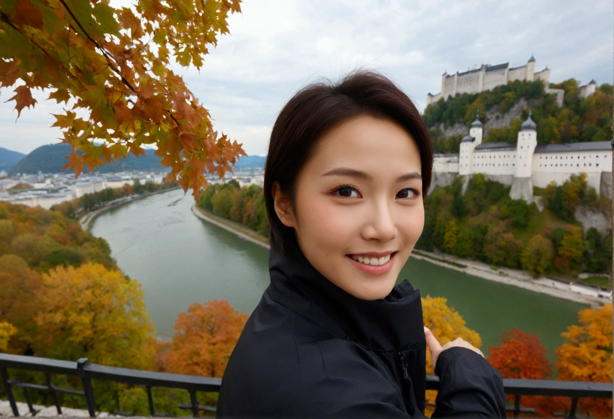 high quality, 1 woman, ((36-year-old healthy Korean woman)), ((36 years old)), 1 woman, eyes are big and beautiful. ((slim)), ((short medium hair)), Smile. pose: standing, windbreaker jacket, background:Your residence is a baroque townhouse with a plaster façade and wrought iron railings.., autumn, Maple, Overlooking the Salzach River and Hohensalzburg Fortress, looking slightly up, 1 woman, Full body shot with Canon 16-34 wide angle lens, river view, looking up the side