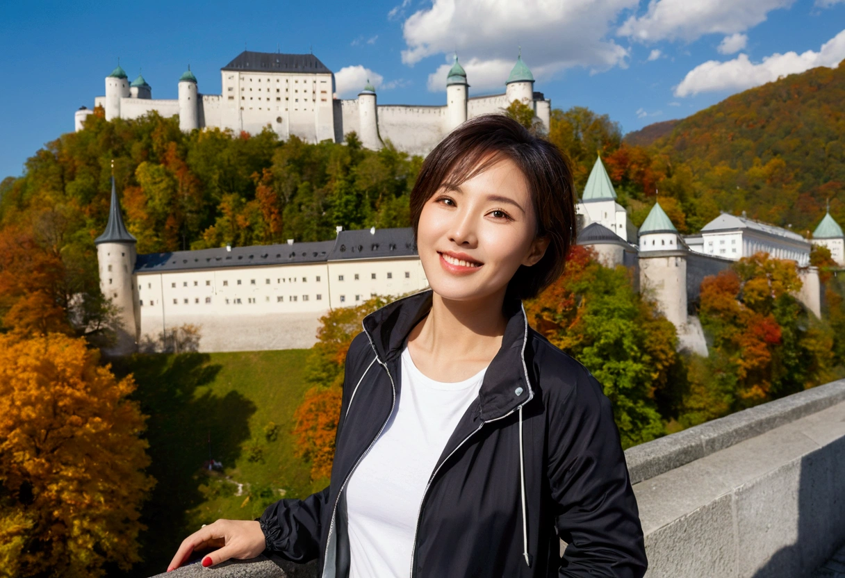 high quality, 1 woman, ((36-year-old healthy Korean woman)), ((36 years old)), 1 woman, eyes are big and beautiful. ((slim)), ((short medium hair)), Smile. pose: standing, windbreaker jacket, background:Your residence is a baroque townhouse with a plaster façade and wrought iron railings.., autumn, Maple, Overlooking the Salzach River and Hohensalzburg Fortress, looking slightly up, 1 woman, Full body shot with Canon 16-34 wide angle lens, river view, looking up the side