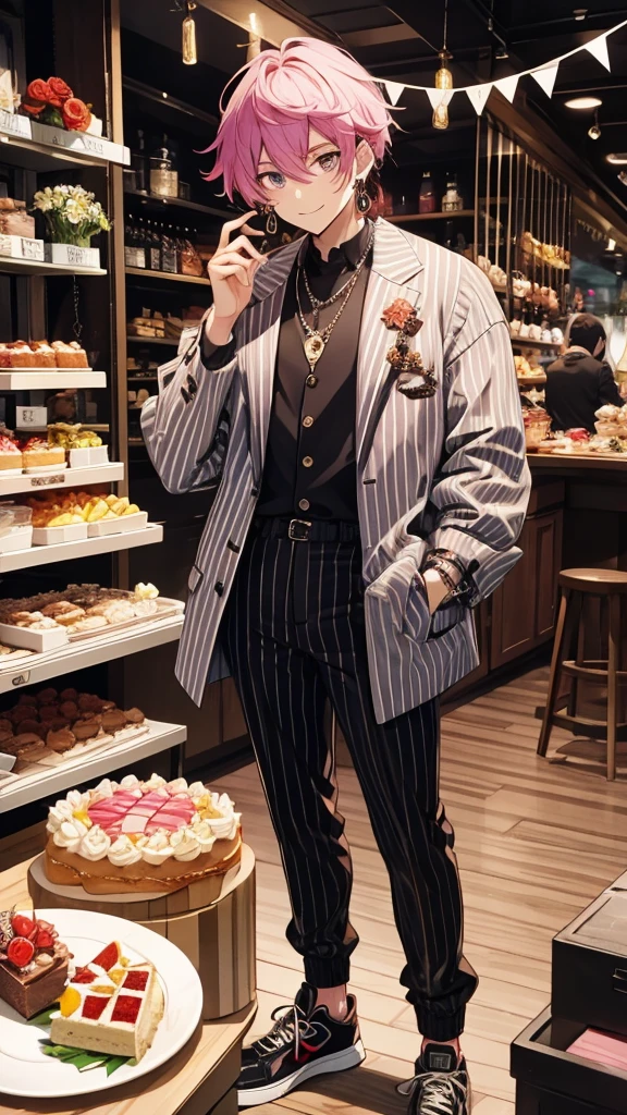 looking at viewer, smile, shirt, long sleeves, holding, jewelry, jacket, flower, male focus, multicolored hair, earrings, food, multiple boys, shoes, striped, pants, vest, black jacket, plaid, rose, sneakers, box, vertical stripes, pink flower, plate, cake, fork, striped background, split-color hair, pinstripe pattern, plaid jacket