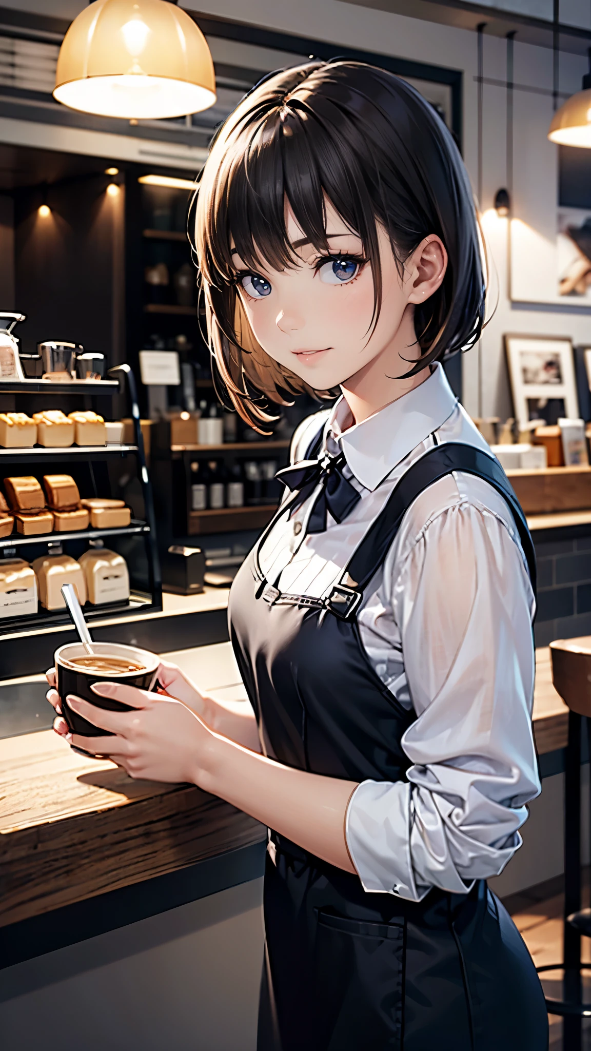 (masterpiece:1.2),(Highest quality),(Very detailed),(High resolution),(Photorealistic Stick),(RAW Photos),8K,Cinema Lighting,(Written boundary depth),(Sophisticated lighting:1.2),A barista woman working at a cafe,The background is a stylish cafe,(Hand,detailed,perfect,perfection,hands)