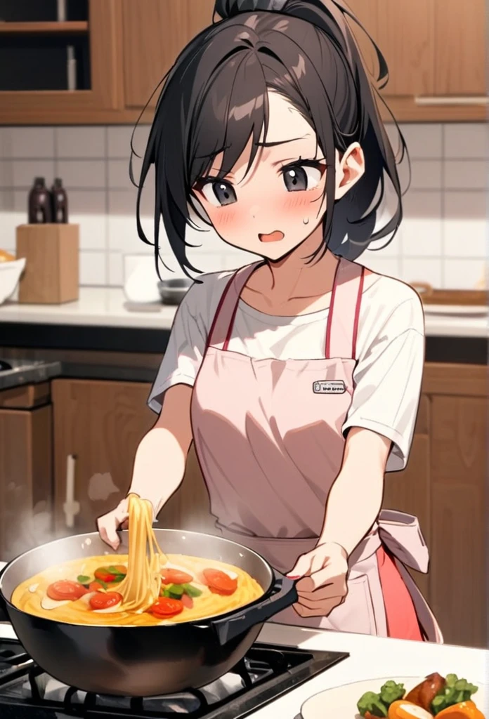 Girl, cooking, black hair, ponytail, black eyes, beautiful, apron, 30 years old, trouble with cooking