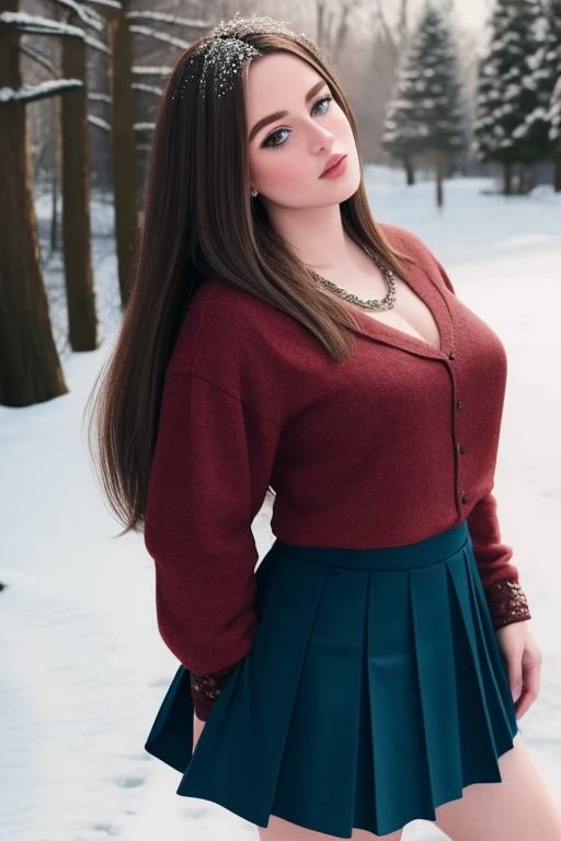 woman, ((Masterpiece, best quality)), detailed skin, Anna from Frozen clothes, highly detailed, cinematic lighting, ultra realistic, blush, looking at viewer, anna, anna from frozen, princess, disney, brown hair, long hair, portrait, outdoor, snow, cleavage, large breasts, wide hips, full body view, tall,
skirt, miniskirt, microskirt, pleated skirt, thighs,