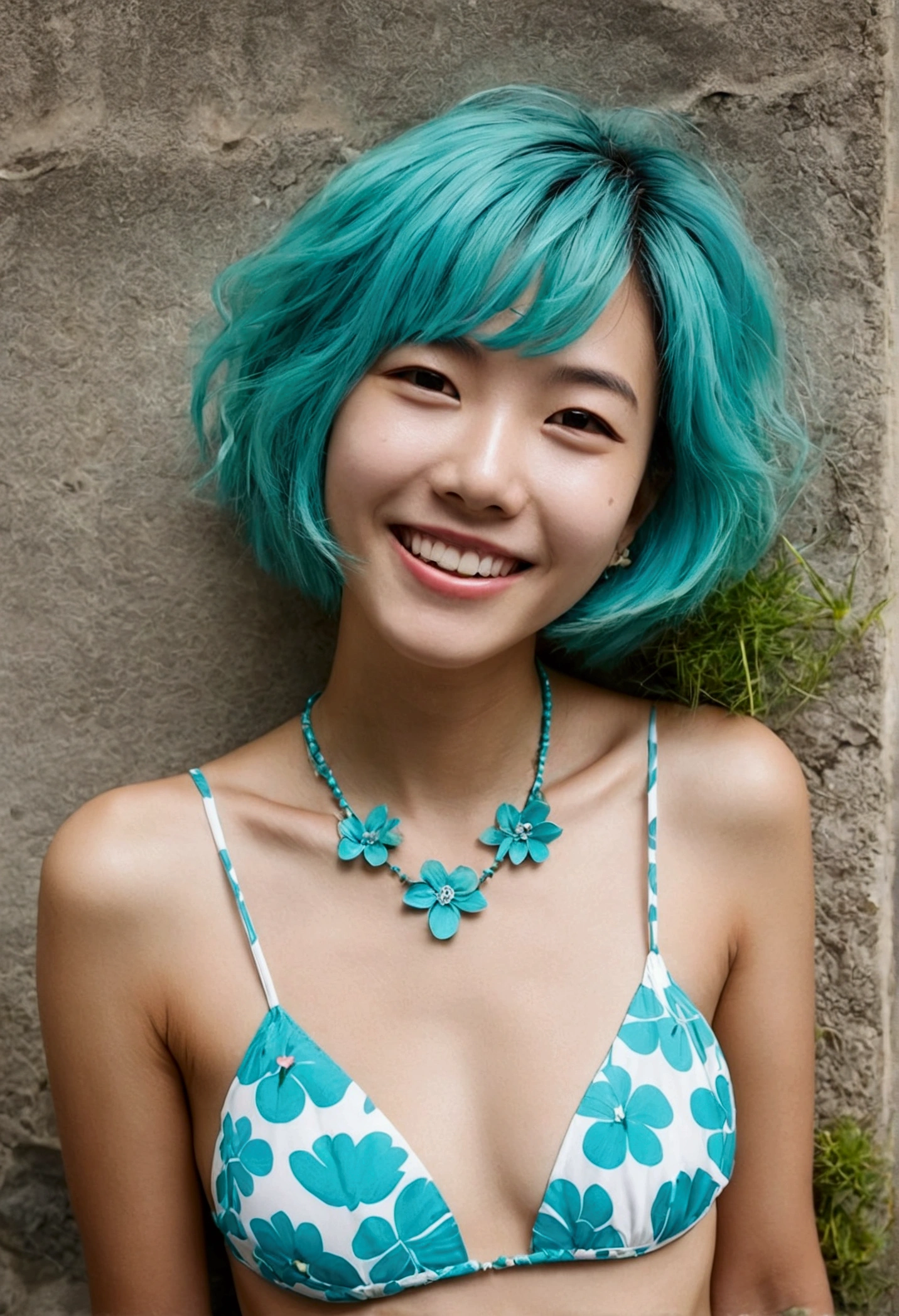 Super Short Hair、turquoise print bikini、Flower Hair Ornaments、necklace、A small space surrounded by walls、There is a little grass growing in the gap between the wall and the ground..、Photograph the front of your face from directly above、Grin、returnを反らせて、teeth、return