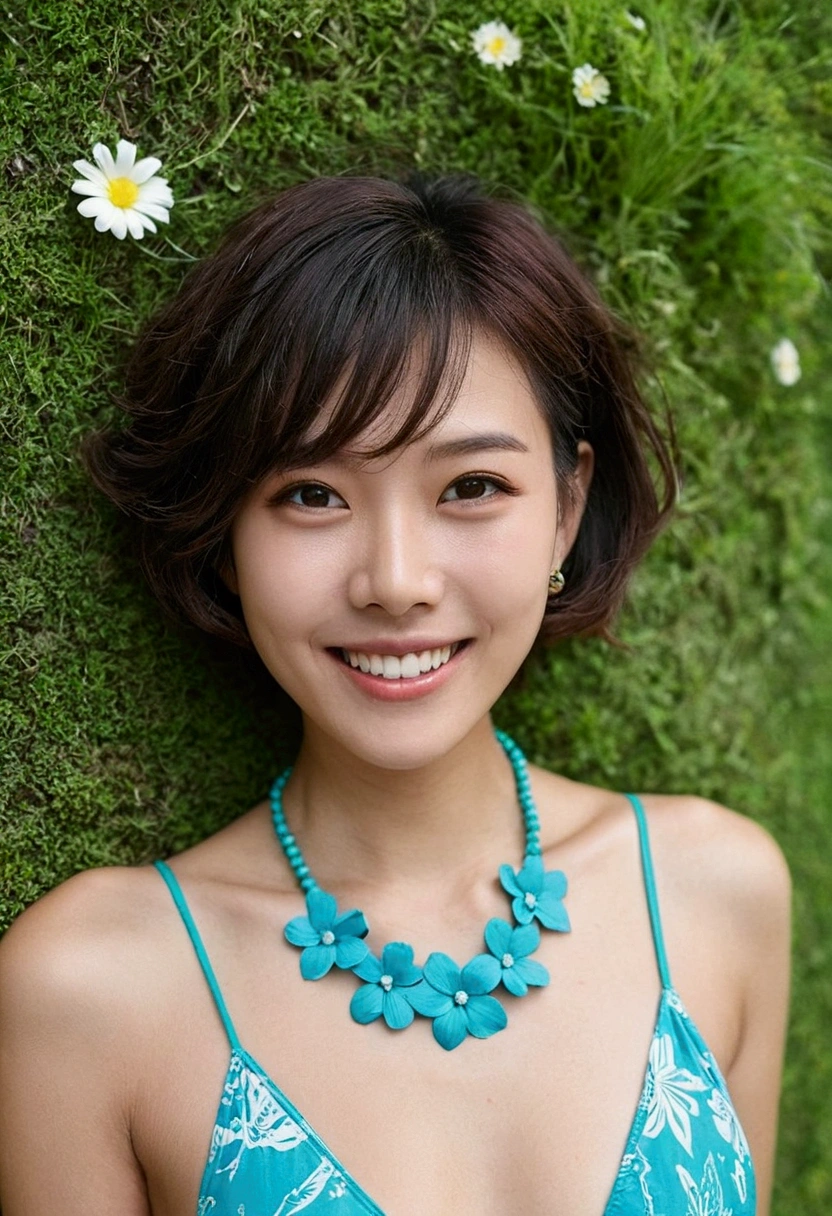 Super Short Hair、turquoise print bikini、Flower Hair Ornaments、necklace、A small space surrounded by walls、There is a little grass growing in the gap between the wall and the ground..、Photograph the front of your face from directly above、Grin、returnを反らせて、teeth、return
