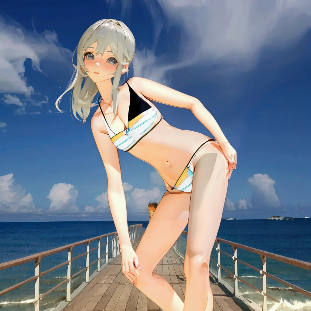 anime girl in a bikini on a pier by the ocean, realistic bikini, clothing: bikini, 3d anime girl, render of a cute 3d anime girl, Smooth anime CG art, Pause, , フルPause, Live2D Virtual Youtuber Model, in the sea, Wearing a swimsuit, 淫らなPause, ビーチでPauseをとる