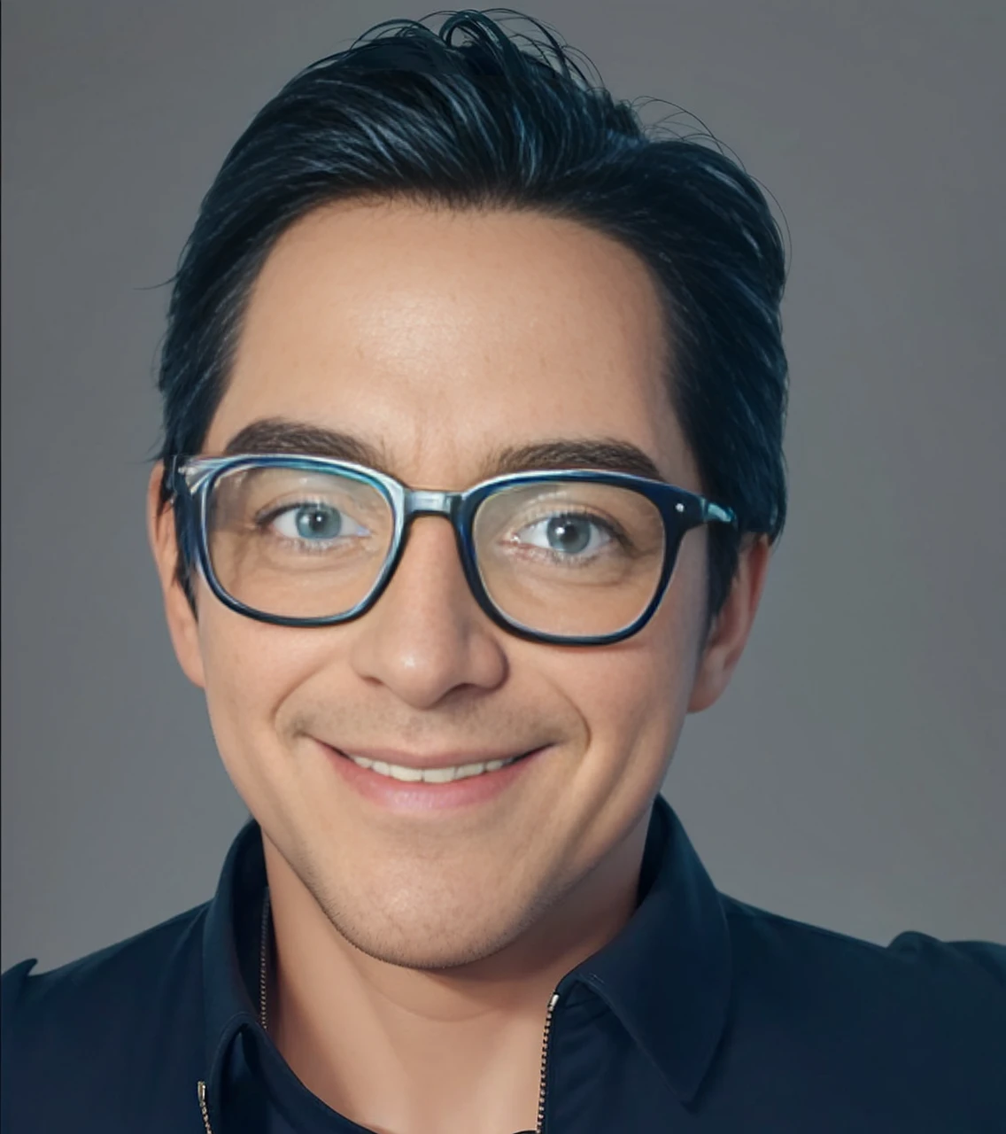 Pixar 3D style animation character, a man, short side-parted hair, glasses, wearing a dark green t-shirt, light blue background. blueprints, 3D realistic rendering, high resolution textures, dramatic lighting, expressive caricatures, smiling facial expressions, dramatic intense perspectives