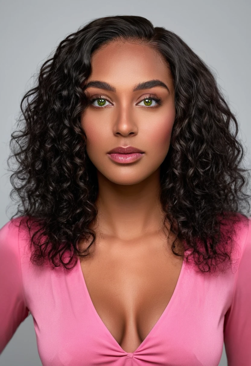 Completely Arafed woman with green eyes, wearing a pink dress in her room. Beautiful pink dress. Full-length photo of woman in pink dress. beautiful young black woman with dark skin, black Brazilian mixed race, beautiful 30 year old Afro-Latina girl, beautiful African and Latina, Brazilian and Angolan descent, a black woman, mixing African and indigenous features, a unique mix of indigenous, African and European ebony . The hair is extremely curly, with well-defined and voluminous curls. The natural texture. Her hair is long, falling in voluminous waves around her shoulders and down her back. The hair has a lot of volume, creating a full, dense appearance. The hair is black. green eyes, eye is green, green and expressive eyes, beautiful green eyes, realistic green eyes, detailed green eyes (eyeliner, long eyelashes). Perfect eyebrows and are thick. the nose is small and proportional, beautiful face. Attractive and irresistible mouth, well-defined lips, full lips, voluminous lips, seductive lips. The face is oval, with high cheekbones and a well-defined chin, a beautiful and detailed face. Professional, dramatic makeup, a more impactful look with shadows that accentuate the captivating look, Striking makeup, with eyeliner, black lipstick. Skin tone: Olive skin, healthy and with uniform shine, with olive skin, dark skin, sexy girl with skin brunette, detailed skin texture, beautiful and glowing skin, intricate details, smooth skin, healthy and radiant appearance. A woman has a well-defined and athletic body. Her silhouette is shapely, highlighting a thin waist in contrast to fuller hips and bust. She has a prominent bust, with large, firm breasts, silicone breasts, voluminous breasts. Thin waist. The hips are wide and well-defined, with a pronounced hourglass shape and a large butt. The legs are long and muscular, with well-defined thighs. 50 mm lens, f/2.8, hdr, (8K) RAW photo, high quality resolution 8K uhd, dslr, 2k, 4K, 8K, 16K.