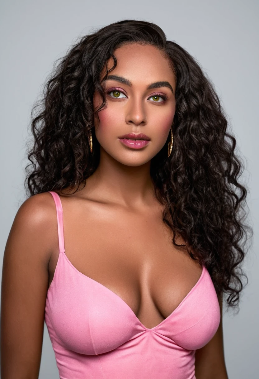 Completely Arafed woman with green eyes, wearing a pink dress in her room. Beautiful pink dress. Full-length photo of woman in pink dress. beautiful young black woman with dark skin, black Brazilian mixed race, beautiful 30 year old Afro-Latina girl, beautiful African and Latina, Brazilian and Angolan descent, a black woman, mixing African and indigenous features, a unique mix of indigenous, African and European ebony . The hair is extremely curly, with well-defined and voluminous curls. The natural texture. Her hair is long, falling in voluminous waves around her shoulders and down her back. The hair has a lot of volume, creating a full, dense appearance. The hair is black. green eyes, eye is green, green and expressive eyes, beautiful green eyes, realistic green eyes, detailed green eyes (eyeliner, long eyelashes). Perfect eyebrows and are thick. the nose is small and proportional, beautiful face. Attractive and irresistible mouth, well-defined lips, full lips, voluminous lips, seductive lips. The face is oval, with high cheekbones and a well-defined chin, a beautiful and detailed face. Professional, dramatic makeup, a more impactful look with shadows that accentuate the captivating look, Striking makeup, with eyeliner, black lipstick. Skin tone: Olive skin, healthy and with uniform shine, with olive skin, dark skin, sexy girl with skin brunette, detailed skin texture, beautiful and glowing skin, intricate details, smooth skin, healthy and radiant appearance. A woman has a well-defined and athletic body. Her silhouette is shapely, highlighting a thin waist in contrast to fuller hips and bust. She has a prominent bust, with large, firm breasts, silicone breasts, voluminous breasts. Thin waist. The hips are wide and well-defined, with a pronounced hourglass shape and a large butt. The legs are long and muscular, with well-defined thighs. 50 mm lens, f/2.8, hdr, (8K) RAW photo, high quality resolution 8K uhd, dslr, 2k, 4K, 8K, 16K.