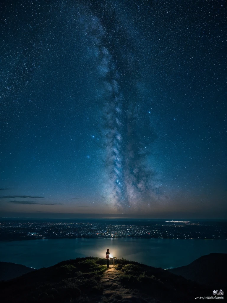 Night Sky、Night view、The sparkling sea seen from the mountain、star々Sparkle of、blue is beautifulNight Sky、満点のstar空、Seashells reflecting light、blue is beautiful、「My irritation is、Not being able to control and do what you want to do」and written vertically in Japanese、glossy、high resolution、beauty、