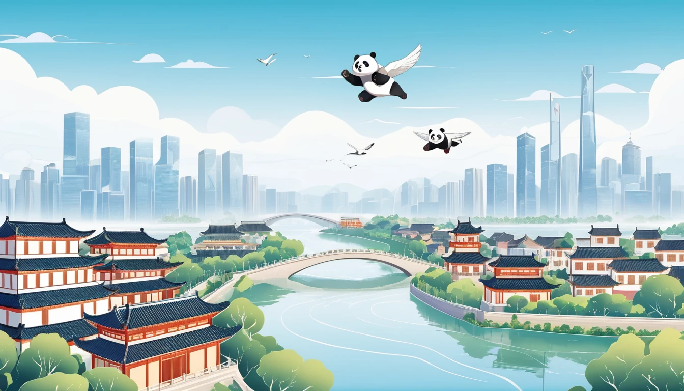 Cartoon illustration of a panda flying over the city，Minimalist style，Buildings and river in the city, Chengdu, Stylized digital illustration, Chengdu传统城市, 大City background, Chengdu城市, Chengdu, Background Artwork, Chengdu, gta chinatowon art style, City in the background, Anime style cityscape, City background, Vector Art, City view during the day, 幻想City background