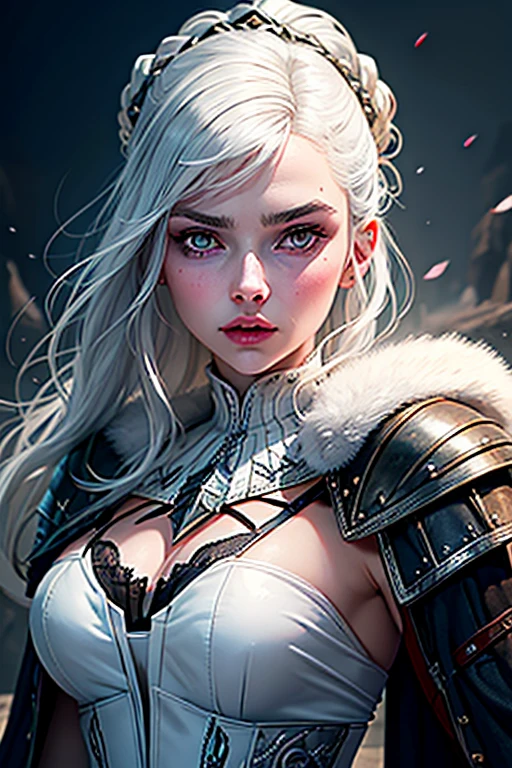 a woman with white hair and a silver jacket poses for a photo, digital art inspired by Louisa Matthíasdóttir, Reddit, fantasy art, Ciri from The Witcher, Anya Taylor - Joy vampire queen, from Witcher (2021), Anya Taylor - Joy, Anya Taylor-Joy, Daenerys, Emilia Clarke as a Greek goddess