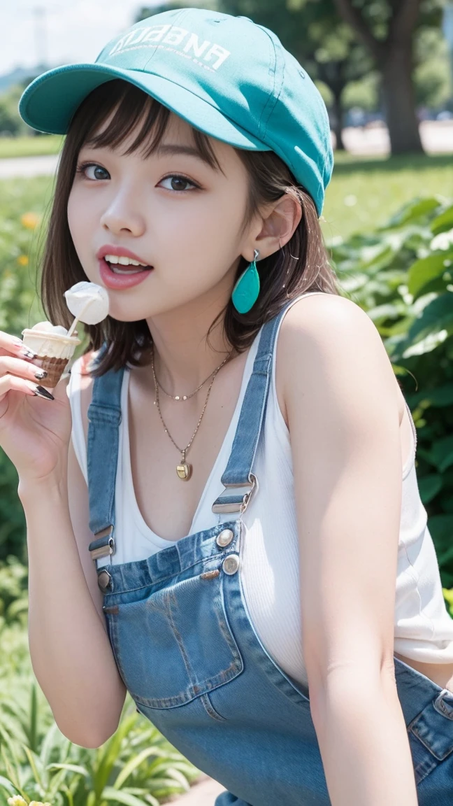 She was wearing pure white denim overalls, revealing the straps of a cute green printed bikini..、Turquoise Mesh Baseball Cap、Brown Hair、necklace、Big earrings、Underarm、Sweat、Midsummer flower field、Smiling and licking ice cream、Close-up face