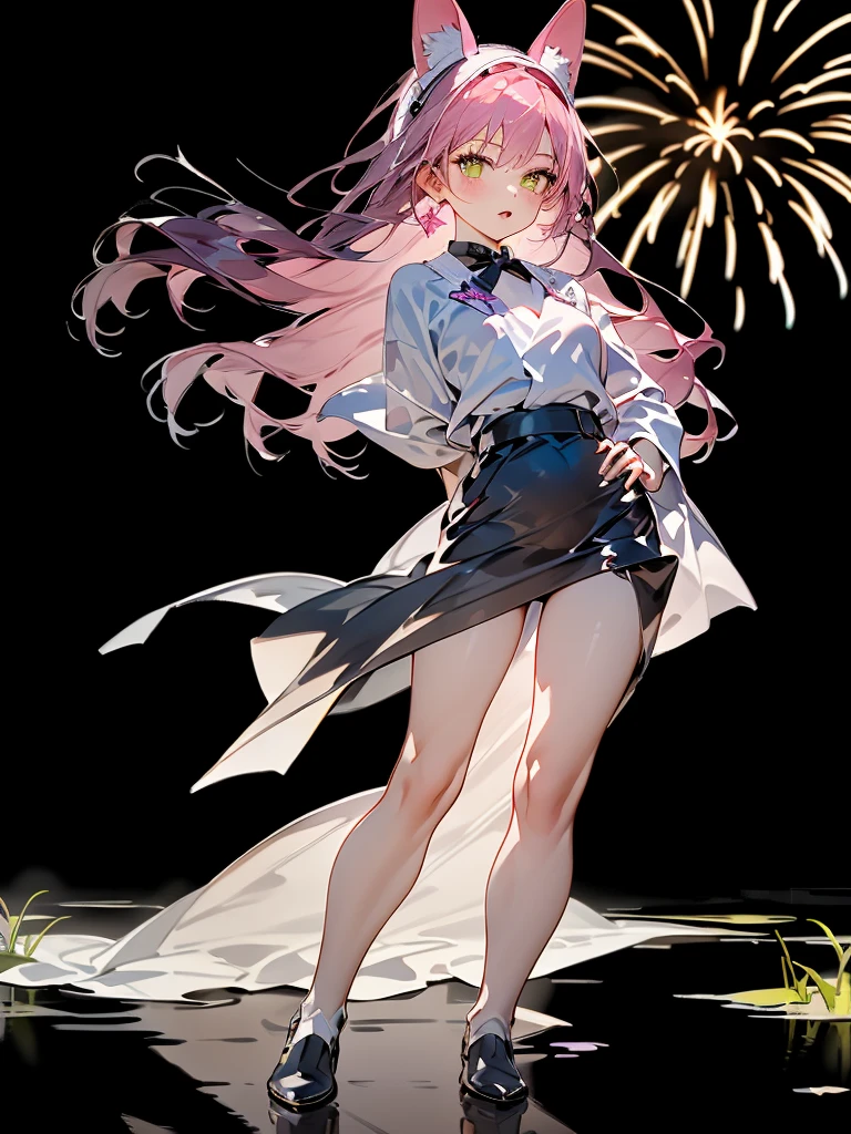 Highest image quality,top quality,1girl,20 years old,long hair,pink hair,fake animal ears,yukata,contrapposto,stand,Fireworks reflected on the pond,evening