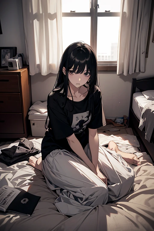 1female, adult face, age 39 face, calm, long black hair with bangs, flat chest, thin body, messy room, dark apartment room with window, sitting on bed, t shirt and long skirt, bleak atmosphere, pale colors, depressing