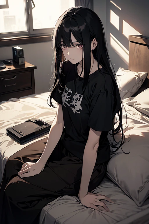 1female, adult face, age 39 face, calm, long black hair with bangs, flat chest, thin body, messy room, dark apartment room with window, sitting on bed, t shirt and long skirt, bleak atmosphere, pale colors, depressing