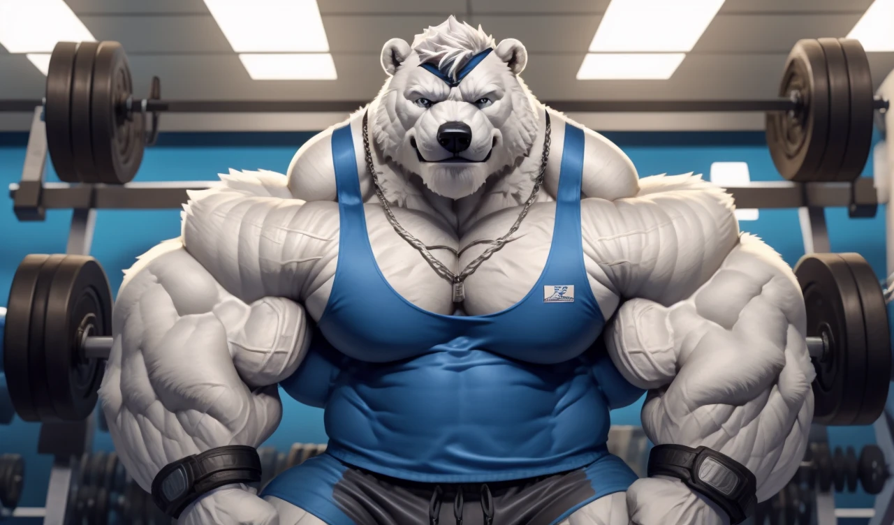 Brock Ólafsson The Huge Muscled Polar Bear, with White Hair, Blue Tank Top, Black Wristbands and Black Gym Shorts, Flexing His Thorax.