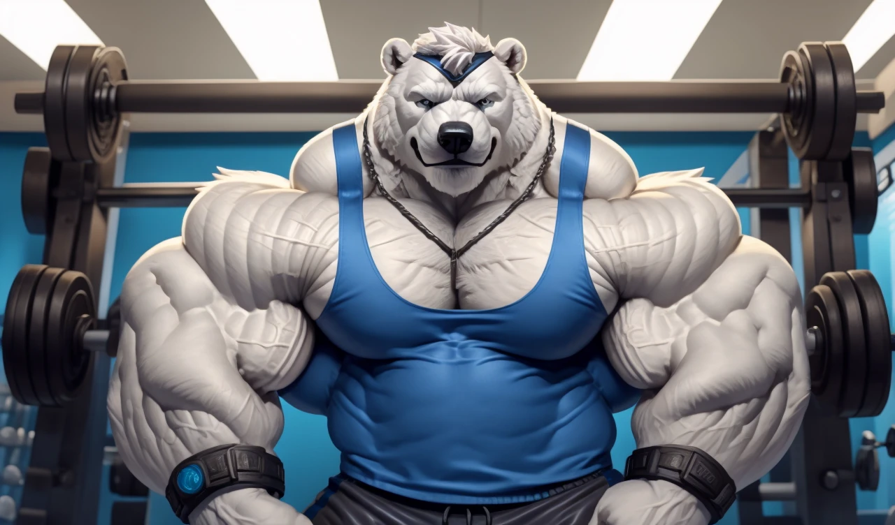 Brock Ólafsson The Huge Muscled Polar Bear, with White Hair, Blue Tank Top, Black Wristbands and Black Gym Shorts, Flexing His Thorax.