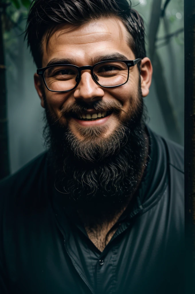 Man wearing black glasses light beard with smile on face in dark wet jungle with fog