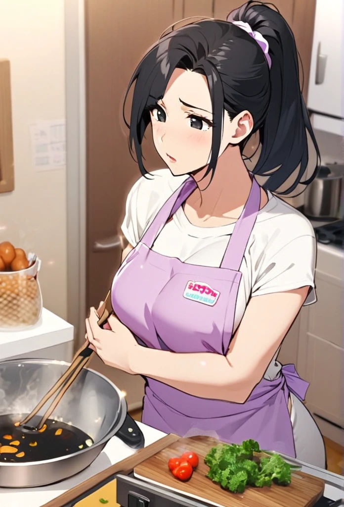 Girl, cooking, black hair, ponytail, black eyes, beautiful, apron, 30 years old, trouble with cooking, mature