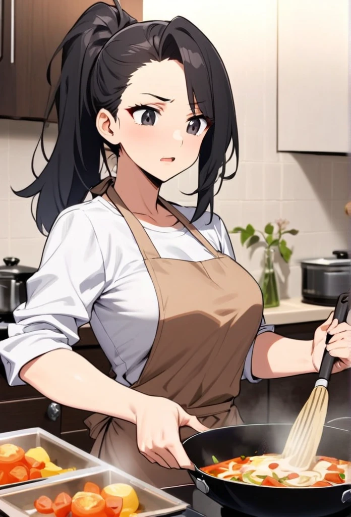 Girl, cooking, black hair, ponytail, black eyes, beautiful, apron, 30 years old, trouble with cooking, mature
