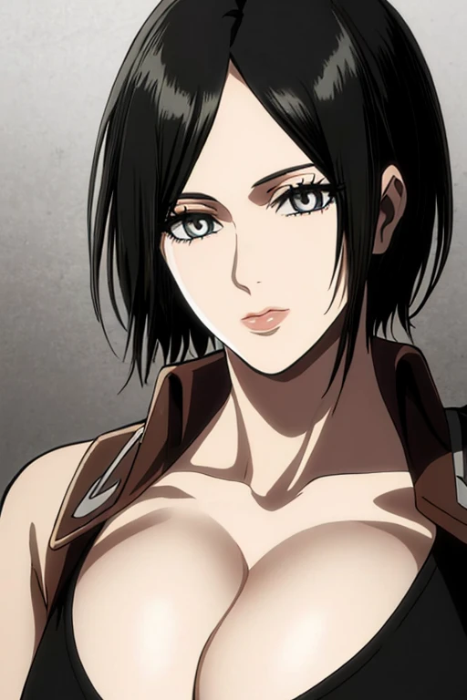 1girl, annie leonhart, (black hair:1.3), hair between eyes, short hair, sideburns, gray eyes, lips, cleavage, ???????????, close up, solo, lips, masterpiece, best quality,
