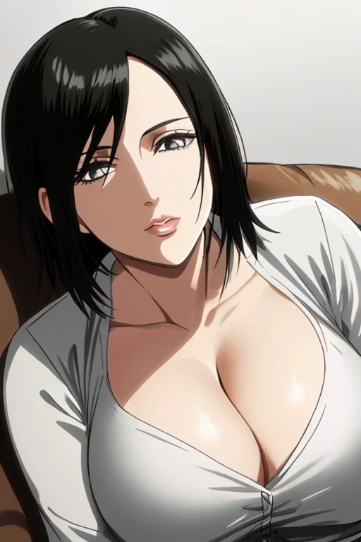 1girl, annie leonhart, (black hair:1.3), hair between eyes, short hair, sideburns, gray eyes, lips, cleavage, big breasts, close up, solo, lips, masterpiece, best quality,