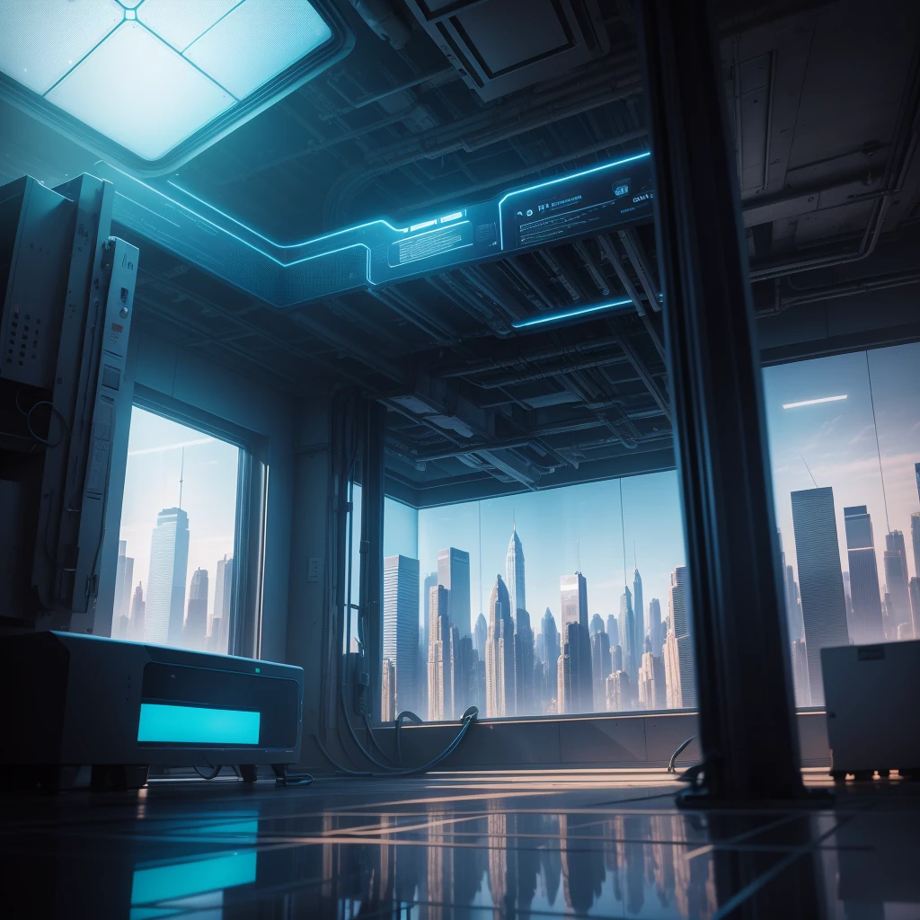 Underground research lab with reinforced walls and state-of-the-art equipment. The room is filled with glowing consoles and holographic displays, Casting a cool, Blue light. Advanced and autonomous drones stationed at various workstations. A window at the far end of the room offers an amazing view of the futuristic cityscape. This setup allows for seamless integration of head-on video into the foreground, A vibrant city skyline as a stunning backdrop for your display.
