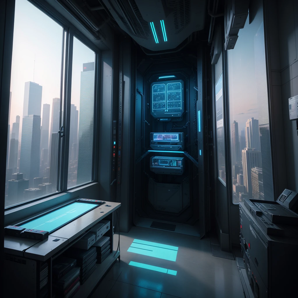 Underground research lab with reinforced walls and state-of-the-art equipment. The room is filled with glowing consoles and holographic displays, Casting a cool, Blue light. Advanced and autonomous drones stationed at various workstations. A window at the far end of the room offers an amazing view of the futuristic cityscape. This setup allows for seamless integration of head-on video into the foreground, A vibrant city skyline as a stunning backdrop for your display.