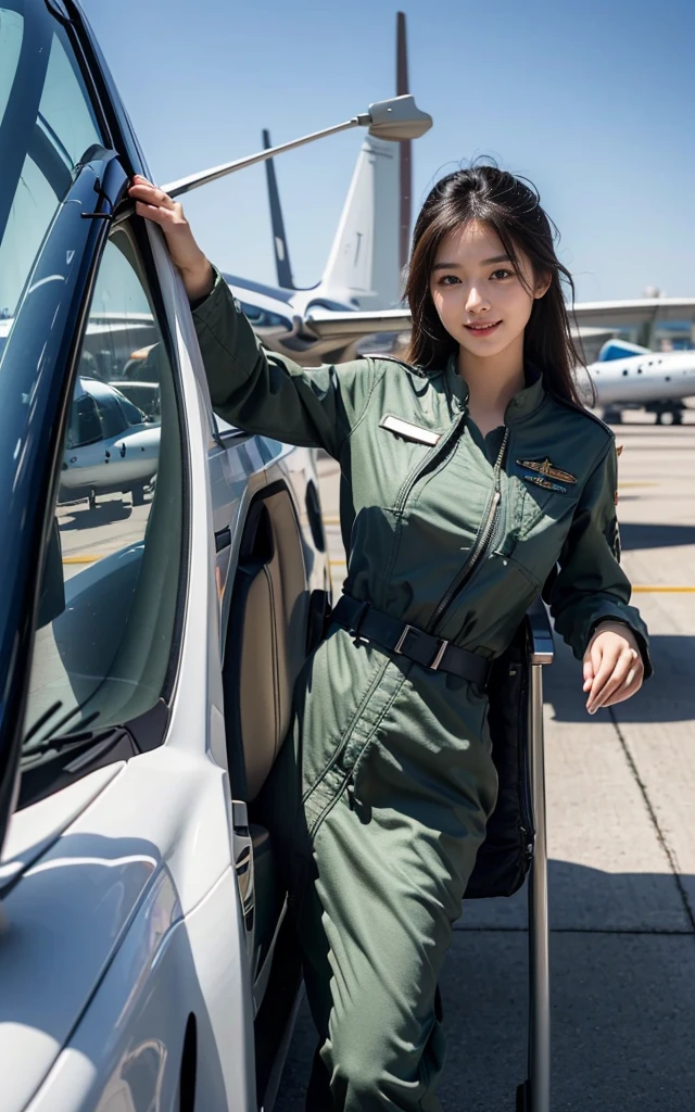 Ultra-high resolution,，超清detail (real, Photo real: 1.37)，full-body shot，20 years old, Korean beauty, Sexy, Smile, Shining eyes, Not suitable for working hours (Nsw) (Nsw) (Nsw) (Nsw) (Nsw),(8K, original photo, Top quality, masterpiece: 1.2), masterpiece, Ultra detailed, HD RAW color photography, Very refined, Very detailed, 8K wallpaper, amazing, detail, Very detailed eyes, Super delicate skin, Extremely delicate fingers, Very detailed的鼻子, 嘴巴detail非常丰富, Perfect Anatomy,Ultra-detailed and complex facial 3D rendering,Big breasts,Air Force pilot,s,（Pilot Helmet）,Fighter pilot,Air Force Flight Suit,(Airport),(飞Airport),Cute face,big eyes,White skin