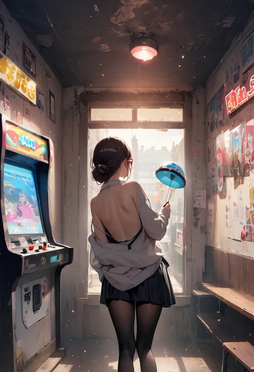 back view, Backwards、Butt、back、back of head、Hips、Hair back、Calf、Very short leggings、arcade、game machine、Game bench、UFO Catcher、Purikura、Date、forehead、Girl、Girl、Short、Younger、Lower school year、Baby Face、flat chest、smile、Dynamic Angle、masterpiece、best quality、ultra-detail、There are customers around、I'm making a mess、Clothing、Fashionable glasses