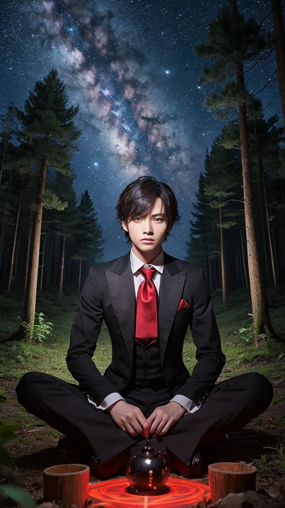 Male magician、Look down、Red eyes、Black clothes、sitting cross-legged、Floating in the air。meditation、in the forest、Late Night、forest、Milky Way