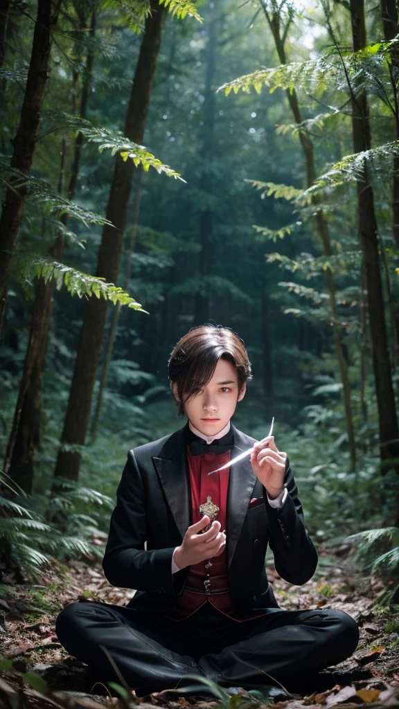 Male magician、Look down、Red eyes、Black clothes、sitting cross-legged、Floating in the air。meditation、in the forest、Late Night、forest、Milky Way