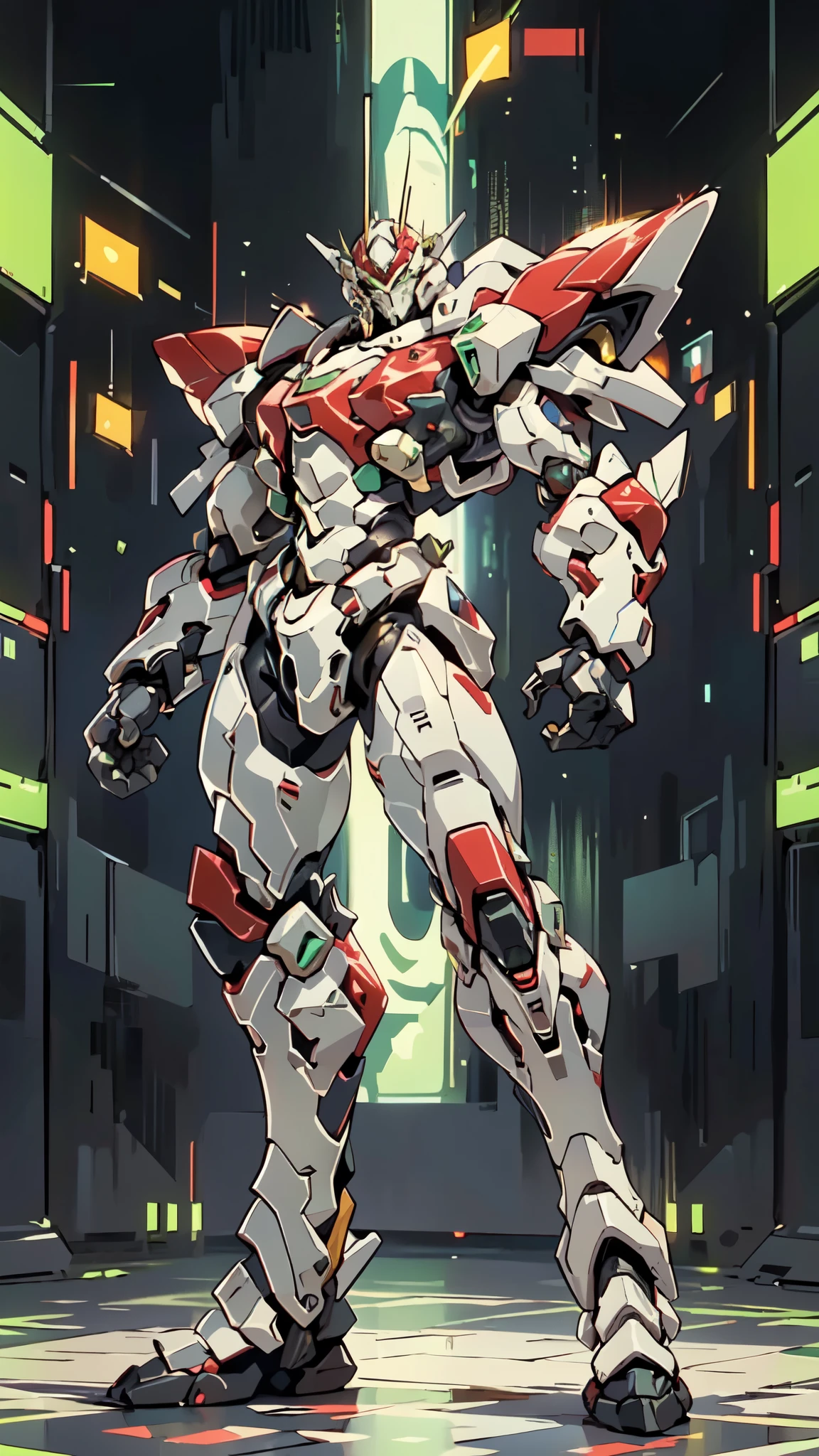 (masterpiece:1.5, best quality:1.5, extremely delicate:1.5, foreshortening:1.5, dynamic angle:1.5), a man wearing a full-face helmet, a fantasy-style biotech armored combat suit, green eyes, (a composite layered chest armor), fully enclosed shoulder guards, matching arm and leg guards, belt of Neon circuit, (the color scheme is primarily white with red green accents), the design balances heavy with agility, a high-tech bio-mecha armor, (Armor Concept Inspired by neon Cyberpunk, stand on the top of a skyscraper in a futuristic sci-fi city), this character embodies a finely crafted fantasy-surreal style armored hero in anime style, exquisite and mature manga art style, (element, plasma, energy, the armor glows), ((male:1.5)), metallic, high definition, highres, ultra-detailed, ultra-fine painting, professional, perfect body proportions, golden ratio, anatomically correct, symmetrical face, extremely detailed eyes and face, high quality eyes, creativity, RAW photo, UHD, 32k, Natural light, cinematic lighting, masterpiece-anatomy-perfect