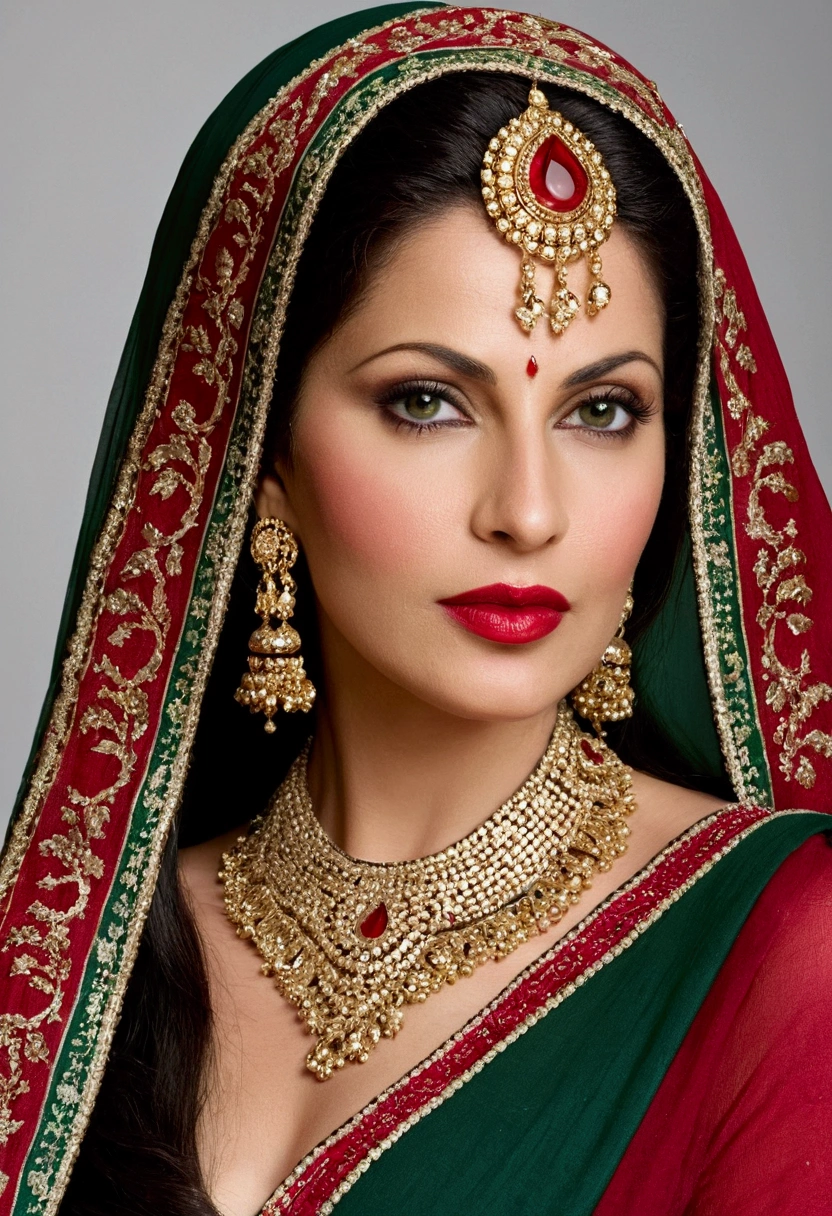 hot arabic mature queen,Her hair is long, dark, and lustrous, partially visible beneath the elegantly draped dupatta that adorns her head and shoulders, respecting her tradational heritage. The dupatta, a piece of fine, lightweight fabric, is richly embroidered with traditional palace motifs, incorporating colors like deep reds, vibrant greens, and golds, symbolizing the richness of her culture,voloptuous,slight fat,red lips,gigantic_breast,mature,sexy,beauty,perfect face,perfect eyes,hd makeup,shimmery makeup,