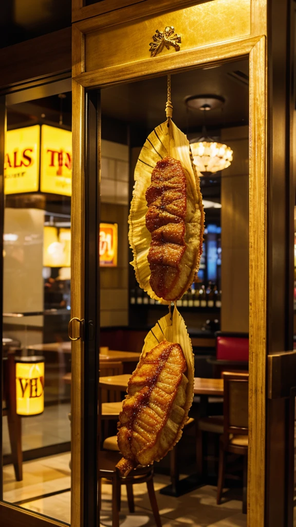 Large fried crispy pork belly Beautiful golden yellow leather. Hanging in a glass cabinet in front of the restaurant, sharp focus , vivid colors
