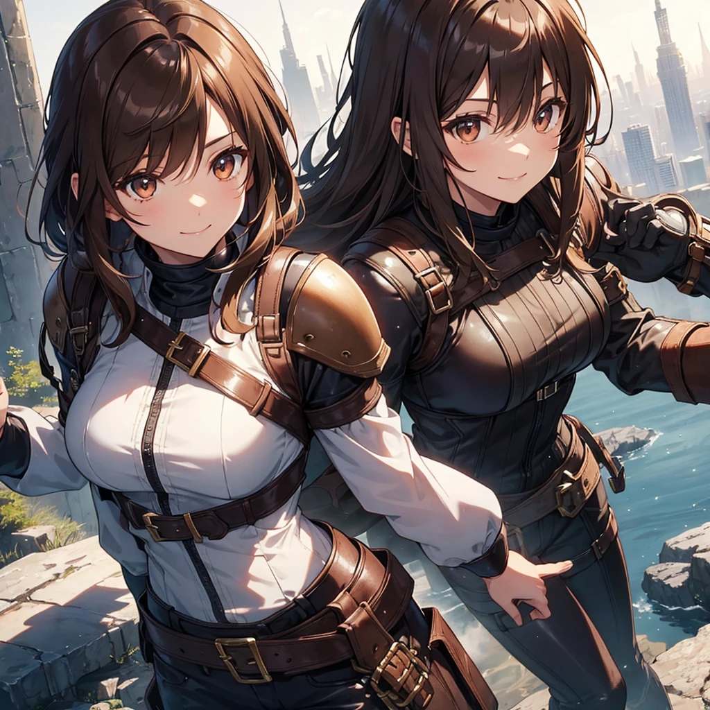 Adventurer Girl、Brown Hair、Shortcuts、Otherworldly cityscape、Upper Body、Brown eyes、anime、smile, leather armor、