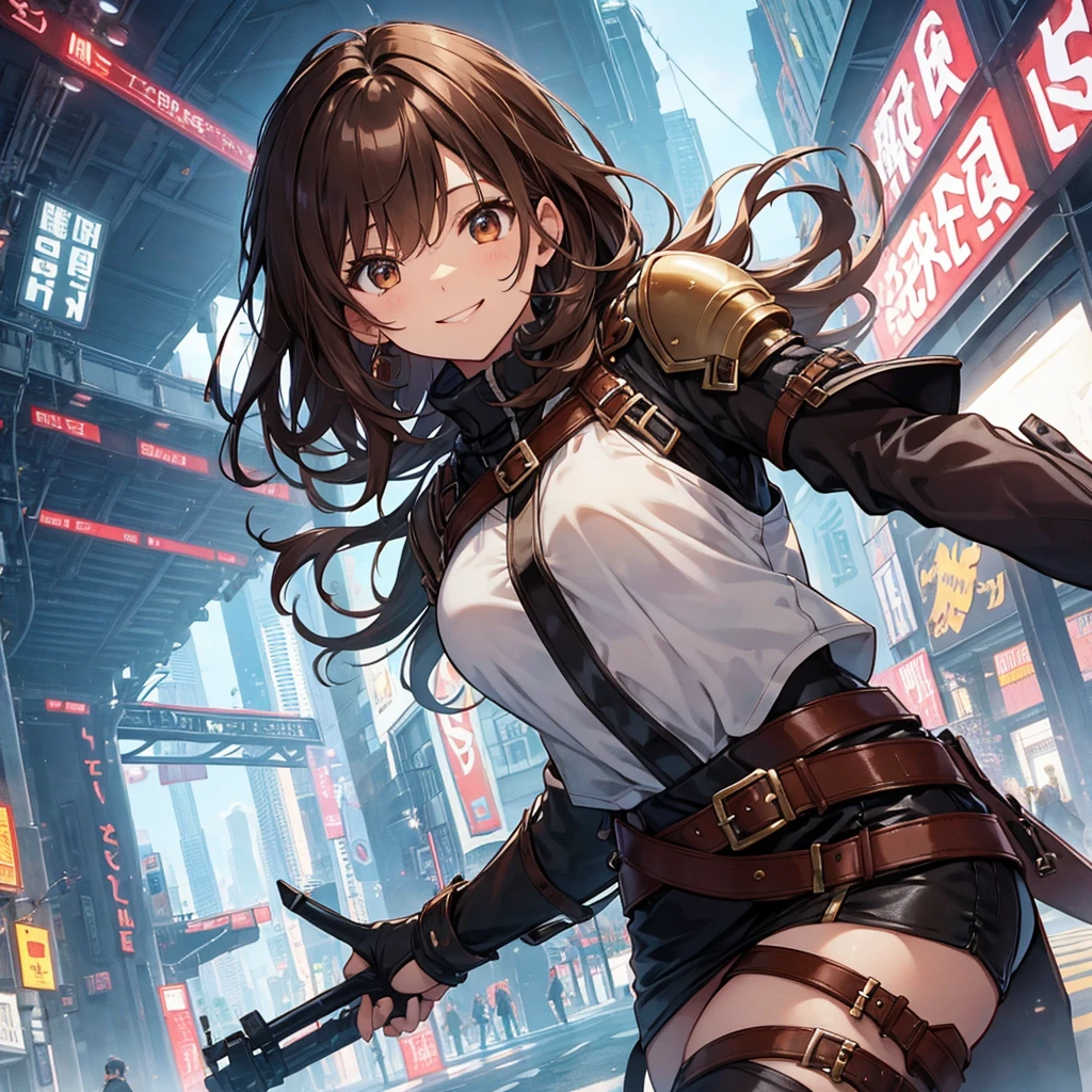 Adventurer Girl、Brown Hair、Shortcuts、Otherworldly cityscape、Upper Body、Brown eyes、anime、smile, leather armor、