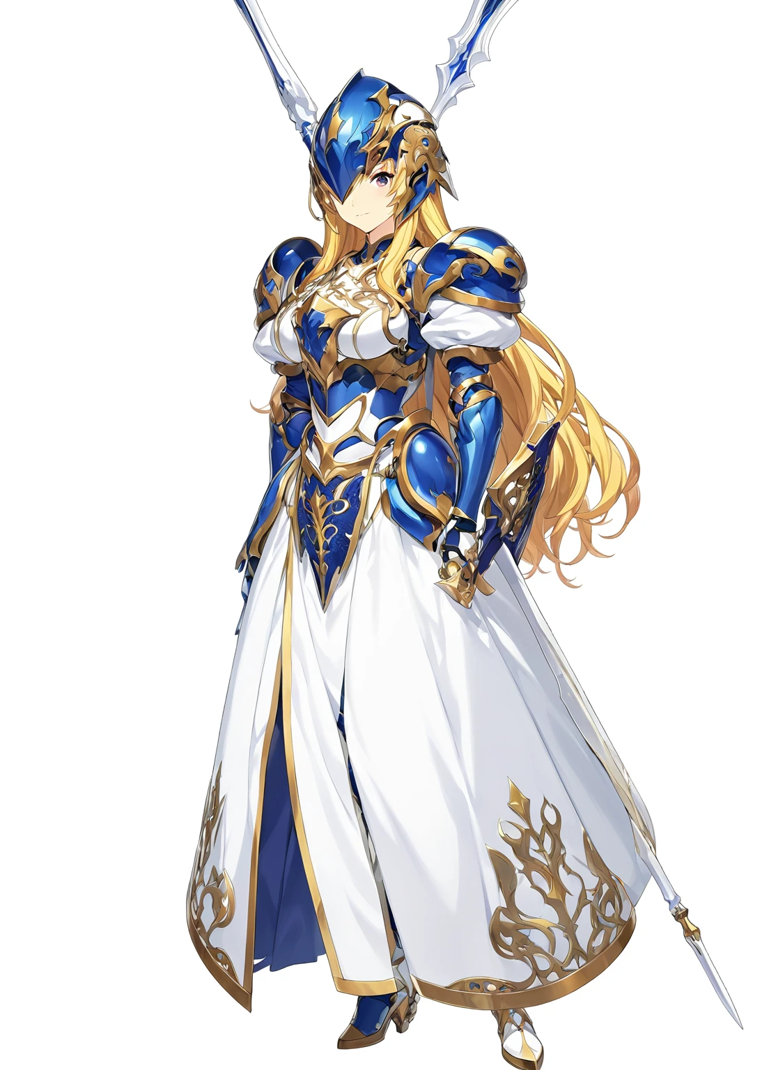 high quality, high resolution, high qualityのゲームアートスタイル, whole body,Valkyrie,perfect hand,Official Art, Smooth game CG art, Visual Novel Sprites, White background,Smooth game CG art, (((Woman with a long spear))),A woman wearing a white dress and blue armor, An intricately designed helmet with white feathers,Small shield, (((In his right hand he holds an elaborate long spear))),Exquisite Blue Armor,Golden Hair, long hair, female knight, Rin々Shii,Large Bust,20-year-old,