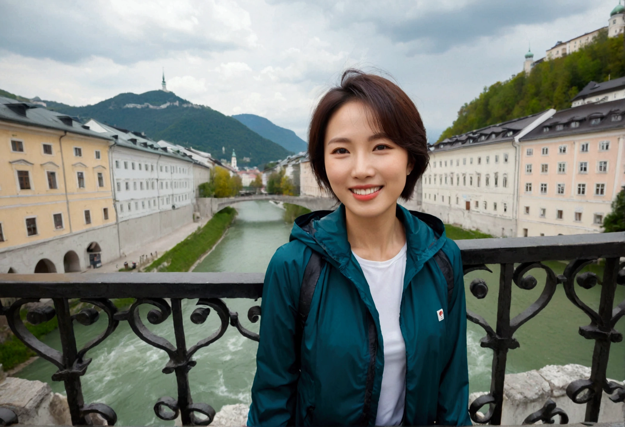 high quality, 1 woman, ((36-year-old healthy Korean woman)), ((36 years old)), 1 woman, eyes are big and beautiful. ((slim)), ((short medium hair)), Smile. pose: standing, windbreaker jacket, background:Your residence is a baroque townhouse with a plaster façade and wrought iron railings.. Overlooking the Salzach River and Hohensalzburg Fortress, looking slightly up, 1 woman, Full body shot with Canon 16-34 wide angle lens, river view, looking up the side